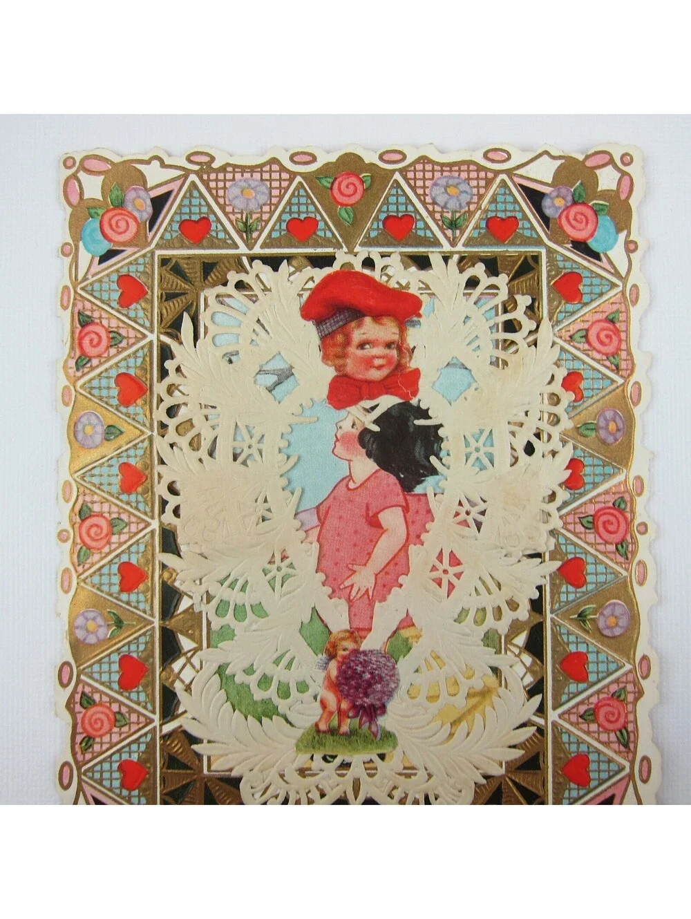 Antique Valentine Girl Pink Dress Cupid Purple Flowers Boy Hammock UNSIGNED